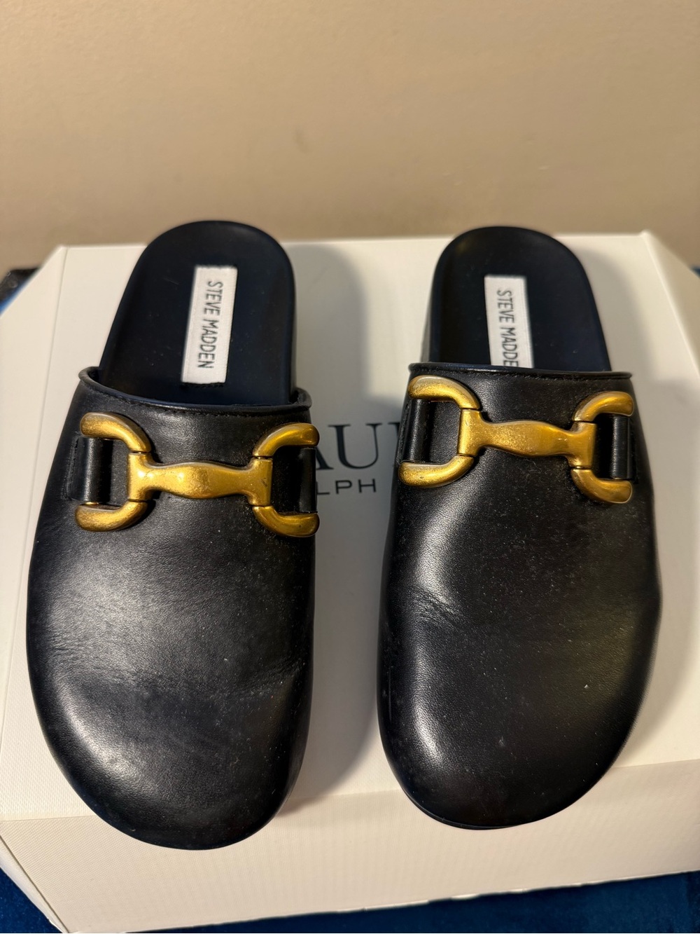 Steve Madden Black Leather Mule with Gold Horsebit Accent